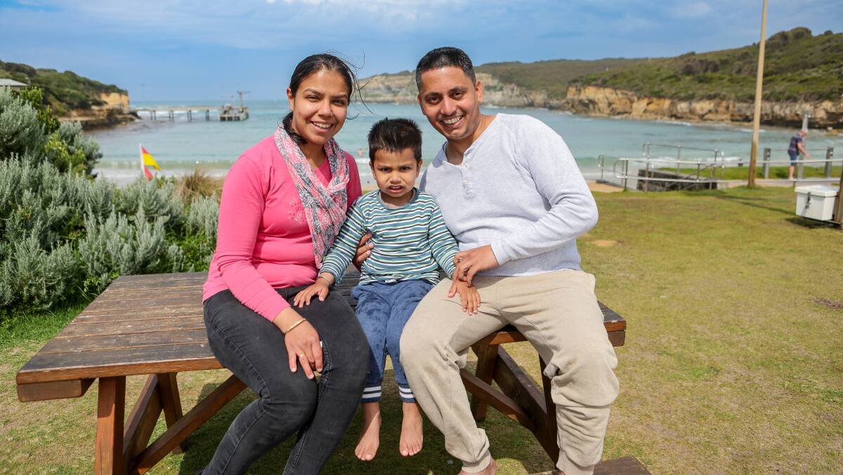 Melbourne family Akansksha Gandhi, Neo Sandhu and Navneet Preet holidaying in Port Campbell. Picture by Anthony Brady