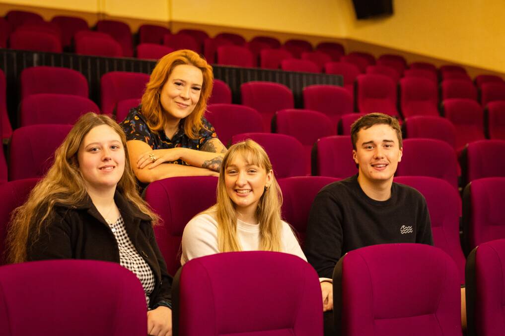 Warrnambool College students Chelsea Black, Laura Lee and Zach Jervies accompanied by media and photography teacher Rebecca Grey (back) are taking part in the school's inaugural film festival at Capitol Cinema. Picture by Sean McKenna