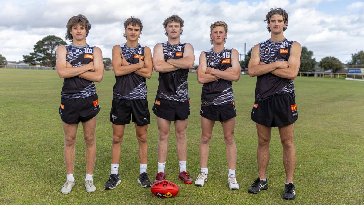 Warrnambool footballers Hugh Morgan, Sam Niklaus, Reggie Mast, Riley Holloway and Amon Radley have all made the GWV Rebels' 2024 squad. Picture by Eddie Guerrero.