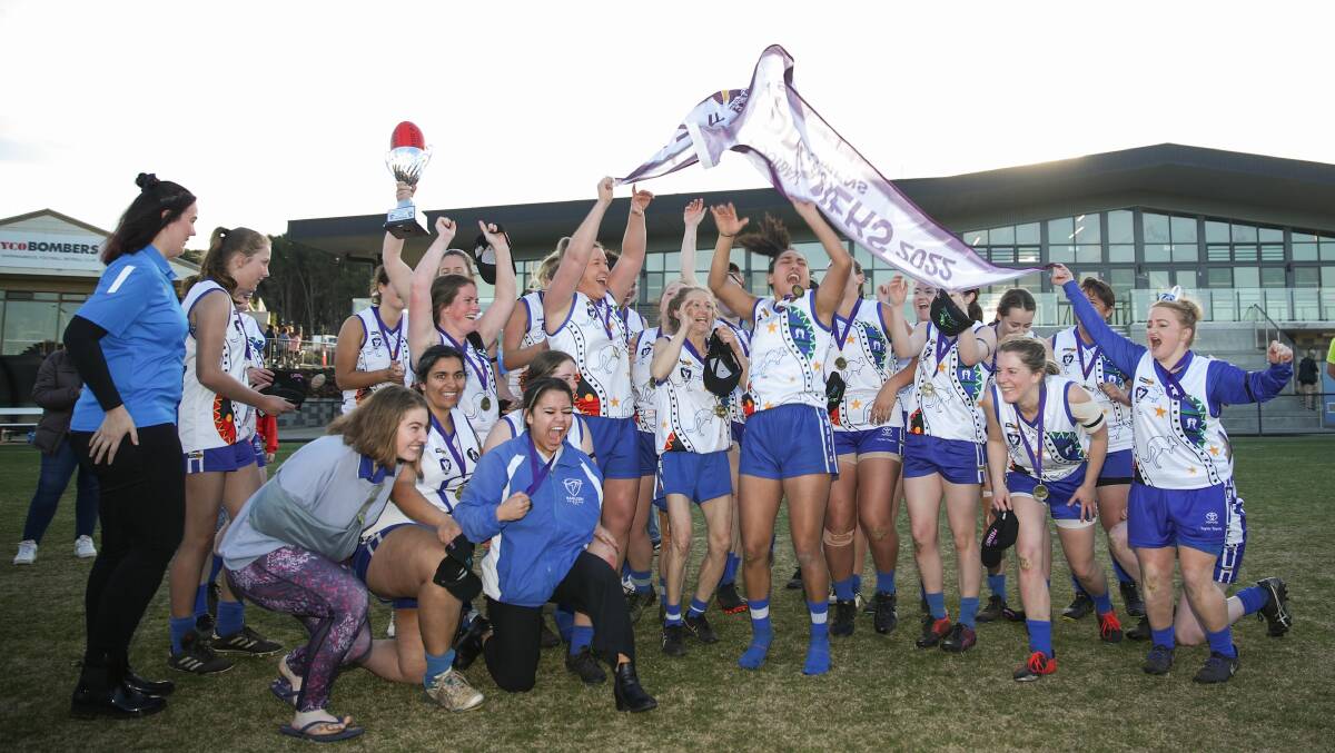 Hamilton Kangaroos celebrate their maiden Western Victoria Female Football League premiership flag in July, 2022. File picture