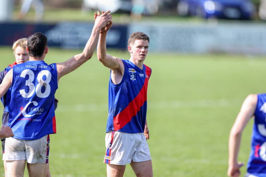 Terang Mortlake's Darcy Hobbs celebrates a goal on Saturday. Picture by Eddie Guerrero