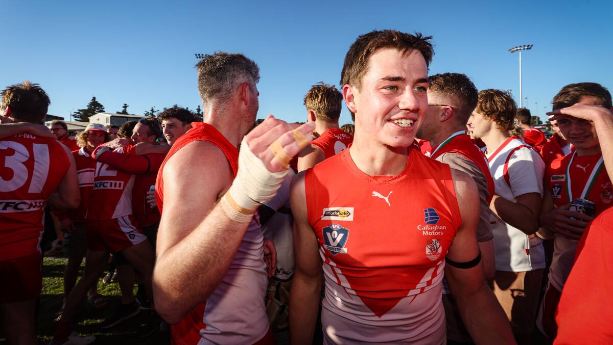 Myles McCluggage celebrates winning the 2023 Hampden league senior football premiership for South Warrnambool on September 23. Picture by Sean McKenna.
