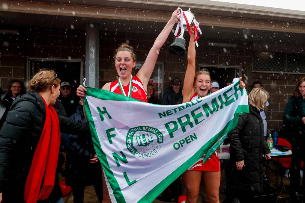 Annie Blackburn (left) celebrates winning the 2022 premiership with fellow captain Carly Watson. File picture