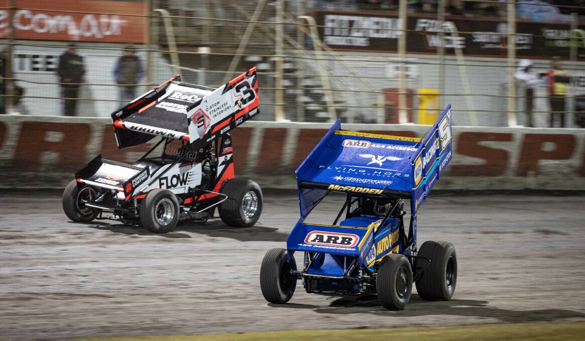 Kaidon Brown (left) contests an A Main at Premier Speedway earlier in 2024. Picture by Sean McKenna