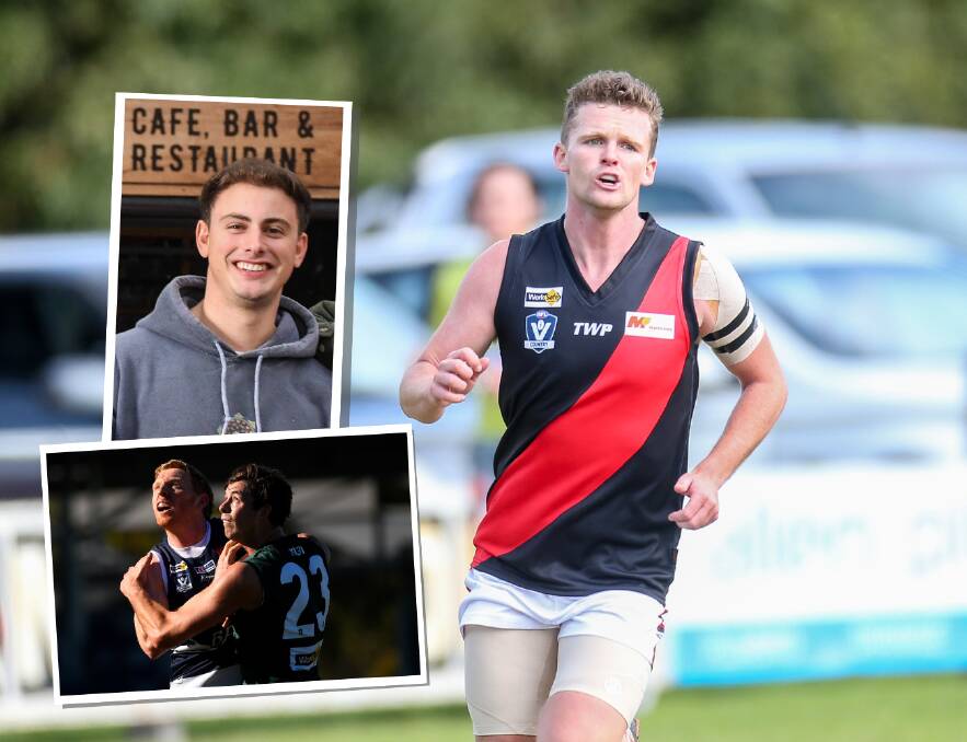 Cobden's Dan Watson (right) has convinced two of his best mates, Josh Cauchi (top insert) and Alfie Armstrong (bottom inset) to sign for the Bombers in 2024. File pictures