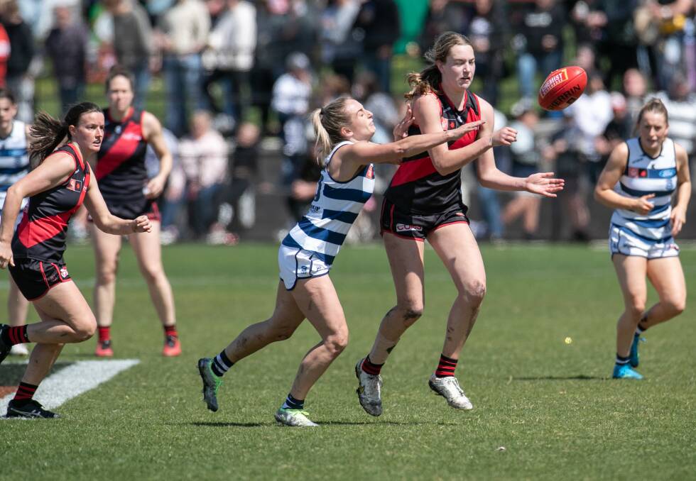Geelong's Amy McDonald and Essendon's Stephanie Wales contest the possesion in last year's AFL Women's game held in Warrnambool. Picture by Sean McKenna