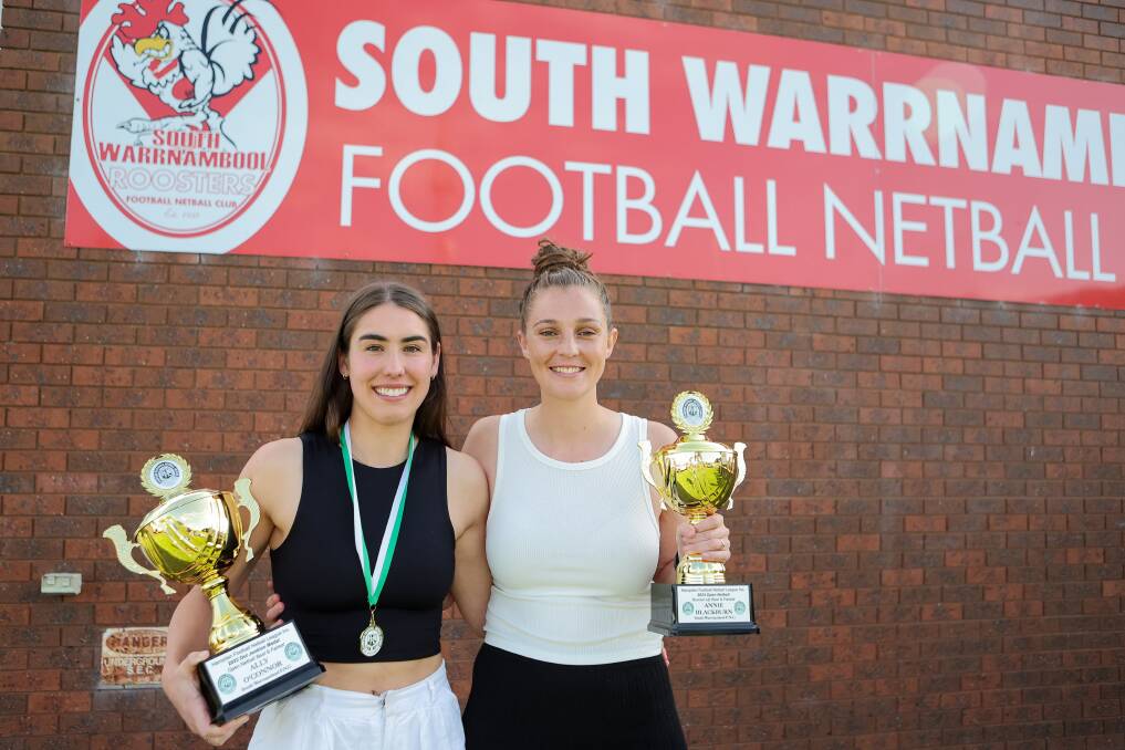 South Warrnambool teammates Ally O'Connor and Annie Blackburn celebrate finishing top two in the league best and fairest count. Picture by Anthony Brady