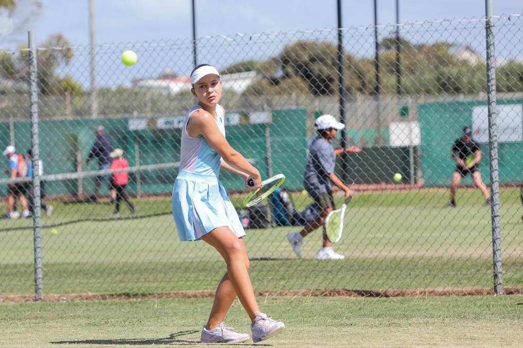 Warrnambool's Lucy Kavanagh, pictured playing a backhand during the 2022 Warrnambool Grasscourt Open, is among entries for the 2023 event. Picture by Anthony Brady