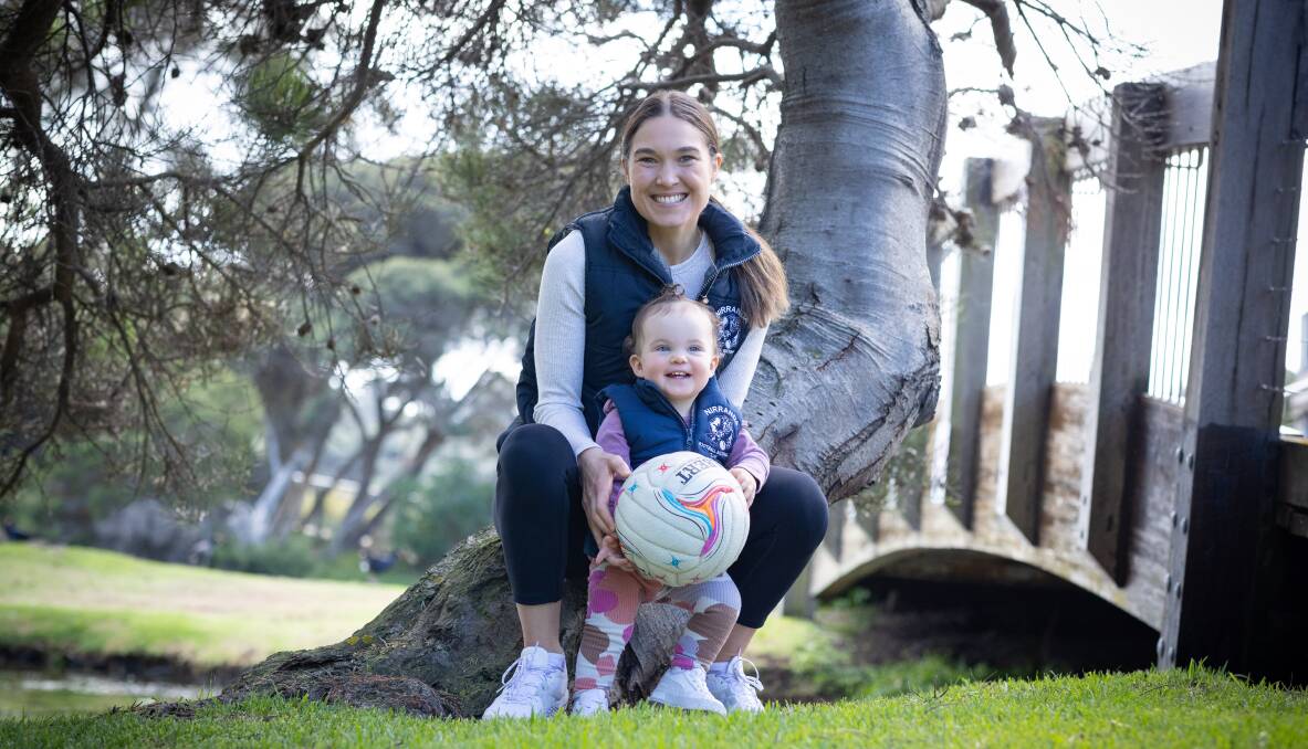 Hannah Rippon and one-year-old daughter Stella McDowall ahead of Rippon's 200th club game for Nirranda this weekend. Picture by Sean McKenna