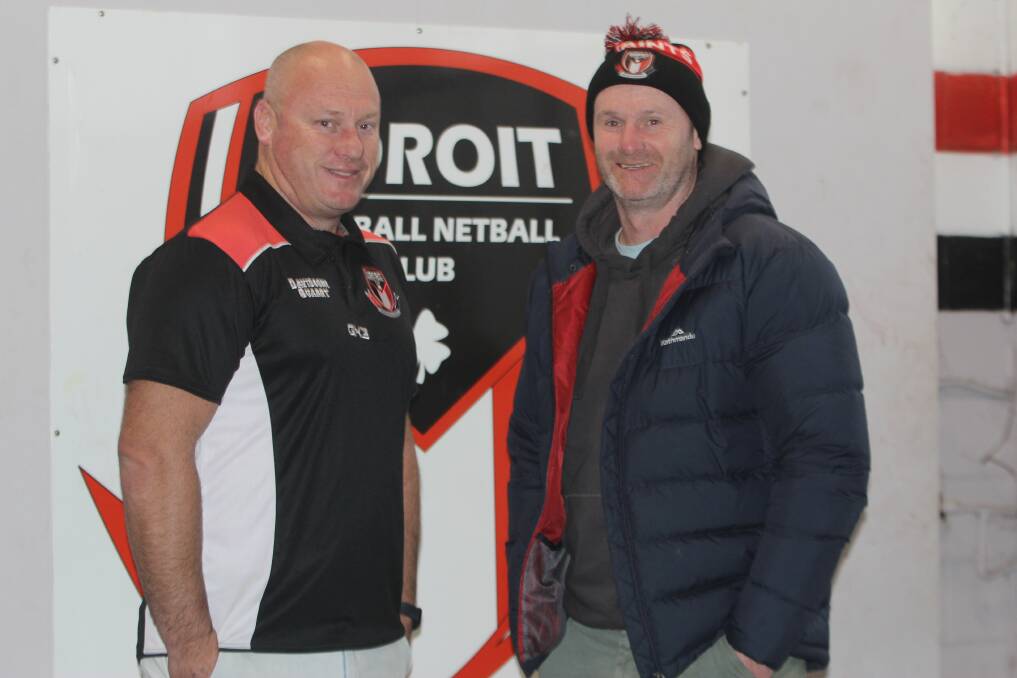 Koroit premiership players Mark Bowman and Brad Cassidy enjoyed the chance to reminisce on the club's 2003 drought-breaking flag on Saturday. Picture by Meg Saultry