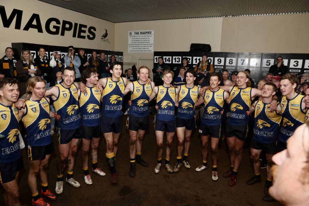 North Warrnambool Eagles' players belt out their team song after a thrilling one-point qualifying final over Terang Mortlake. Picture by Eddie Guerrero