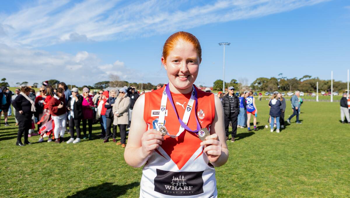 Scarlett O'Donnell with her under 18 premiership medal and best on ground award. Picture by 
