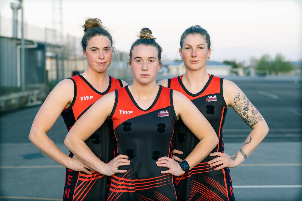 Cobden's Alicia Blain, Sophie Blain and Remeny McCann are up for the fight against South Warrnambool in Saturday's open netball grand final. Picture by Sean McKenna