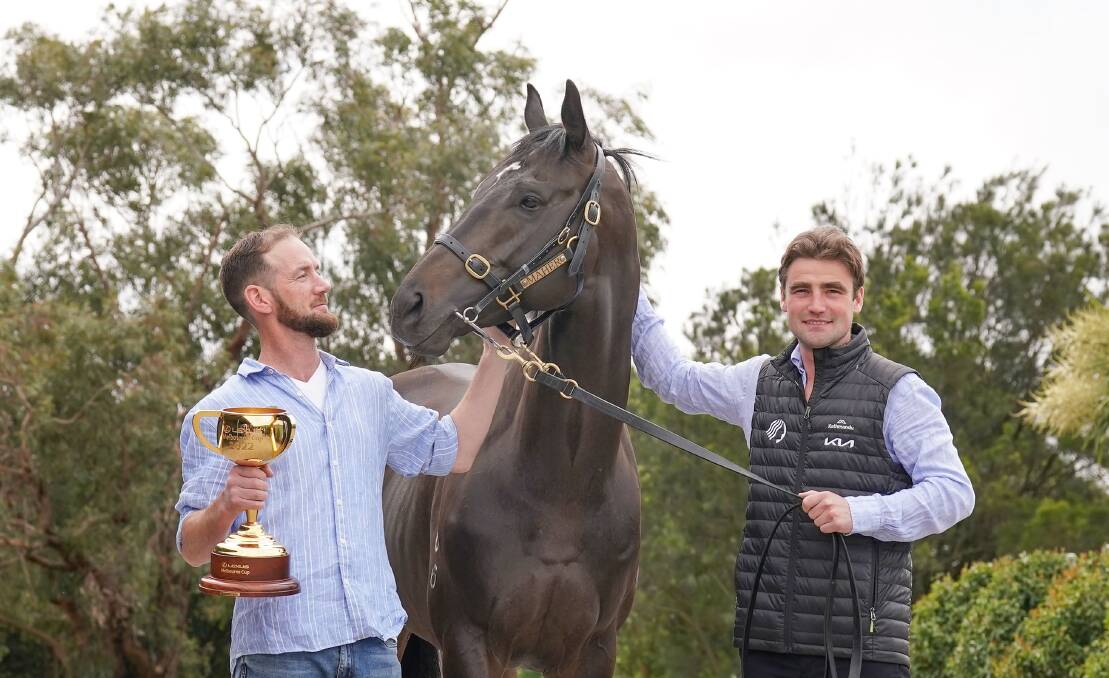Trainers Ciaron Maher and David Eustace with 2022 Melbourne Cup winner Gold Trip, who has been nominated for Victorian Racehorse of the Year. Picture by Racing Photos