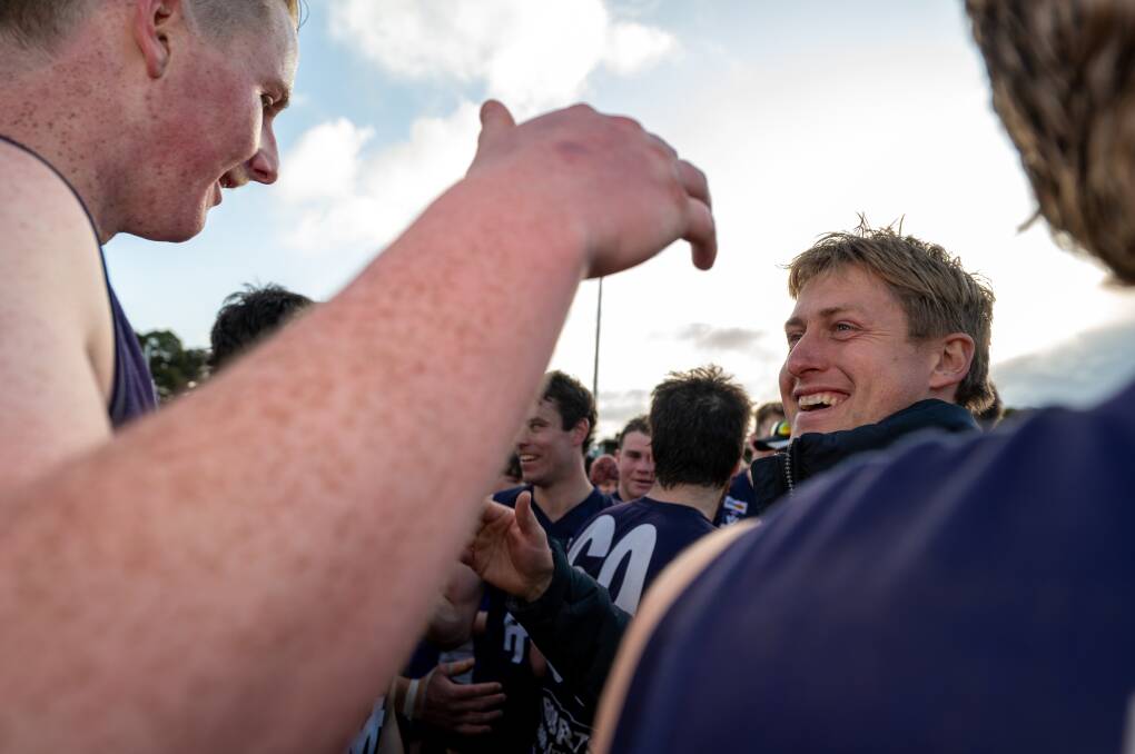 Nirranda coach Nick Couch celebrates after the Blues' 2023 grand final win in September. Picture by Eddie Guerrero