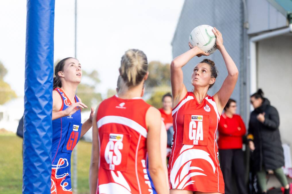 South Warrnambool's Annie Blackburn lines up a shot on goal during the 2023 home-and-away season. Picture by Anthony Brady