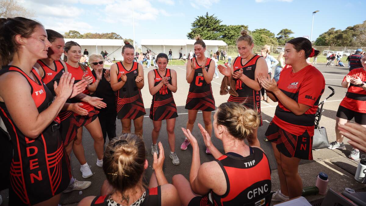 Cobden celebrate winning its preliminary final against Koroit on Saturday. Picture by Sean McKenna