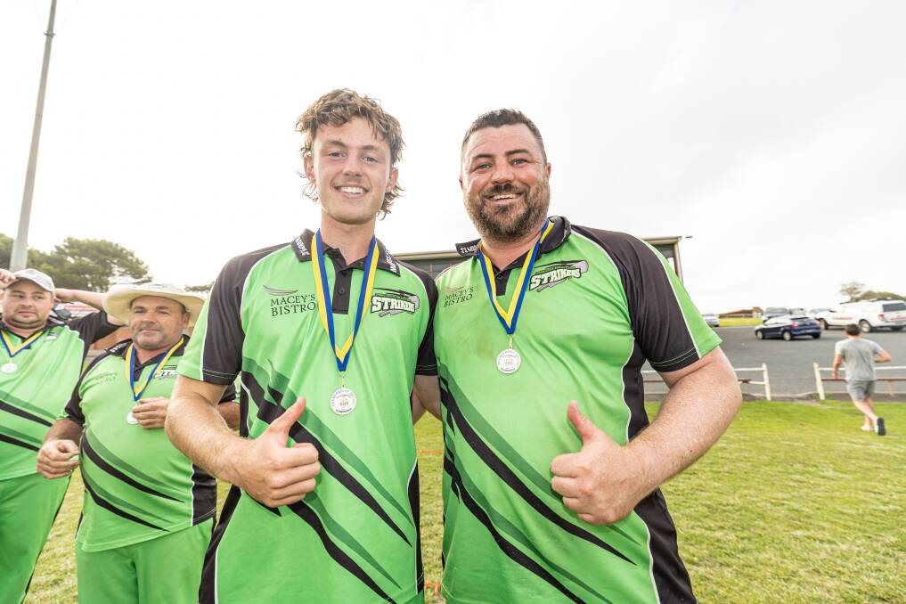 Jaiden and Tim Wells celebrate their 2022-23 division three premiership for Spring Creek Cricket Club in March. Picture by Sean McKenna