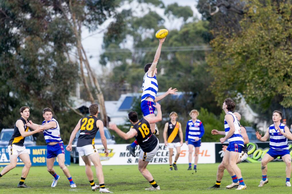 Terang Mortlake's Darcy Hobbs reaches tall for the tap against Portland earlier this season. Picture by Anthony Brady