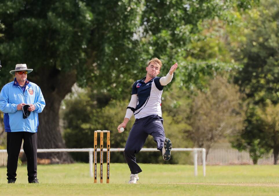 Port Fairy all-rounder James Vandepeer, pictured bowling earlier this season, starred with the bat on Saturday. Picture by Anthony Brady
