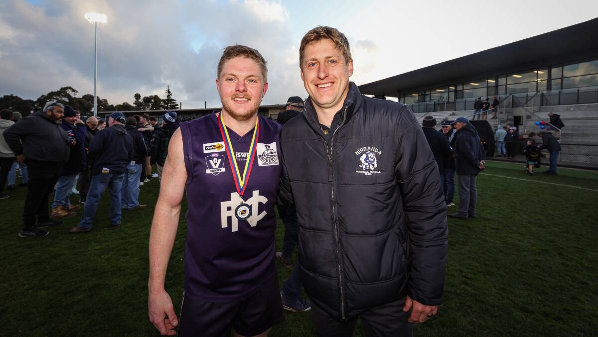 Nirranda captain Reagan Nutting and coach Nick Couch enjoy the celebrations after the win. Picture by Sean McKenna