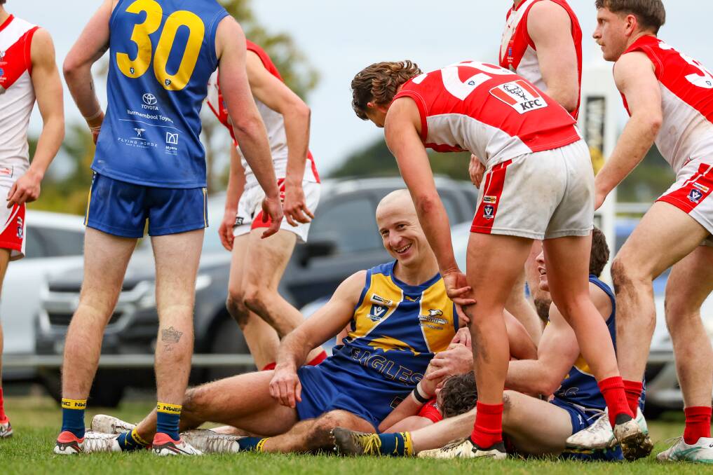 North Warrnambool Eagles' Matt Wines enjoys the battle against South Warrnambool on Saturday. Pictures by Eddie Guerrero