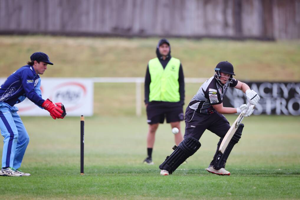 West Warrnambool batsman Joe Nyikos defends the ball on Saturday against Wesley Yambuk Titans. Pictures by Sean McKenna