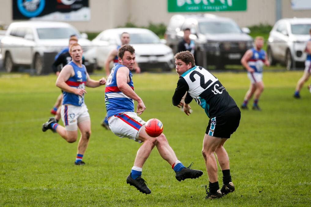 Panmure's Daniel Meade contests the ball during a 2022 senior match against Kolora-Noorat. Picture by Anthony Brady