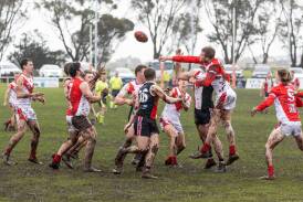 South Warrnambool co-captain Shannon Beks spoils the ball against Koroit. Pictures by Anthony Brady