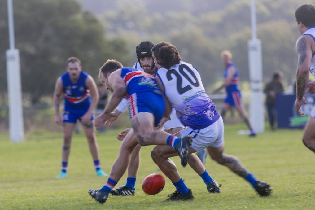 Patrick Brady, pictured in the helmet, goes in the footy against Panmure earlier this season. File picture