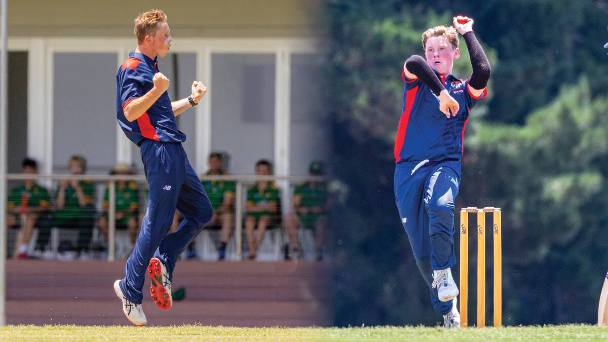Joshua Slater (left) and Charlie James, pictured bowling for the Western Waves, have been picked for Vic Country this season. Picture by Eddie Guerrero