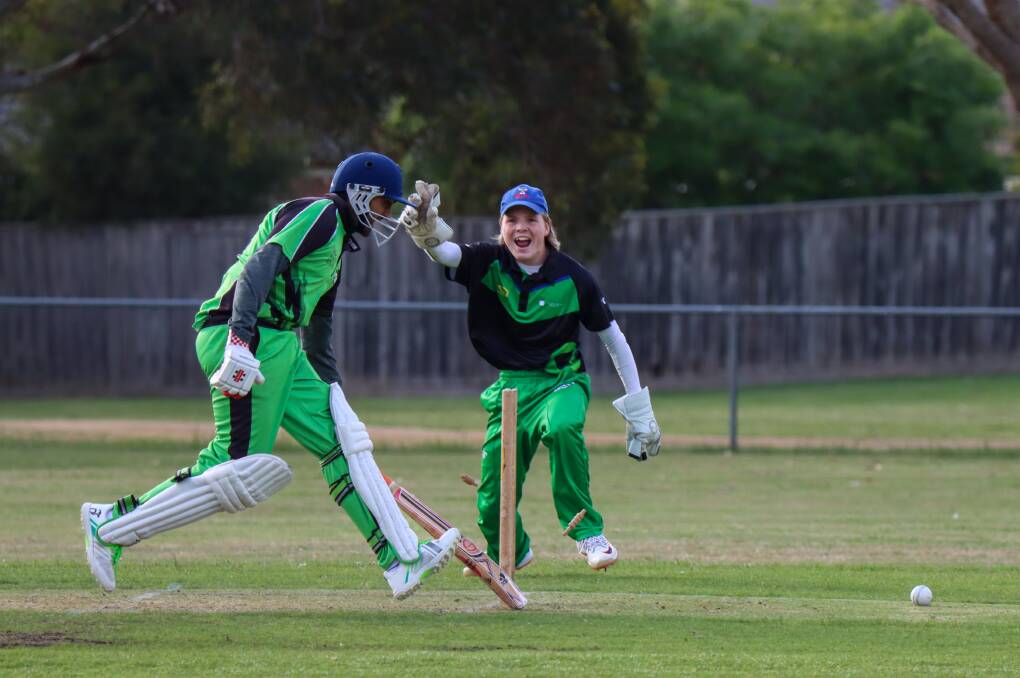 Brierly Christ-Church wicket keeper Isaac Wilson celebrates the stumping of Spring Creek's Manoj Kumar during Thursday night's Twenty20. Picture by Justine McCullagh-Beasy