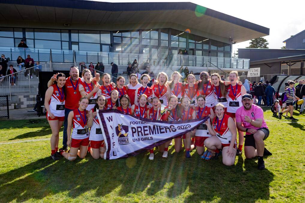 South Warrnambool celebrates its under 18 women's premiership at Reid Oval in 2023. Picture by Anthony Brady