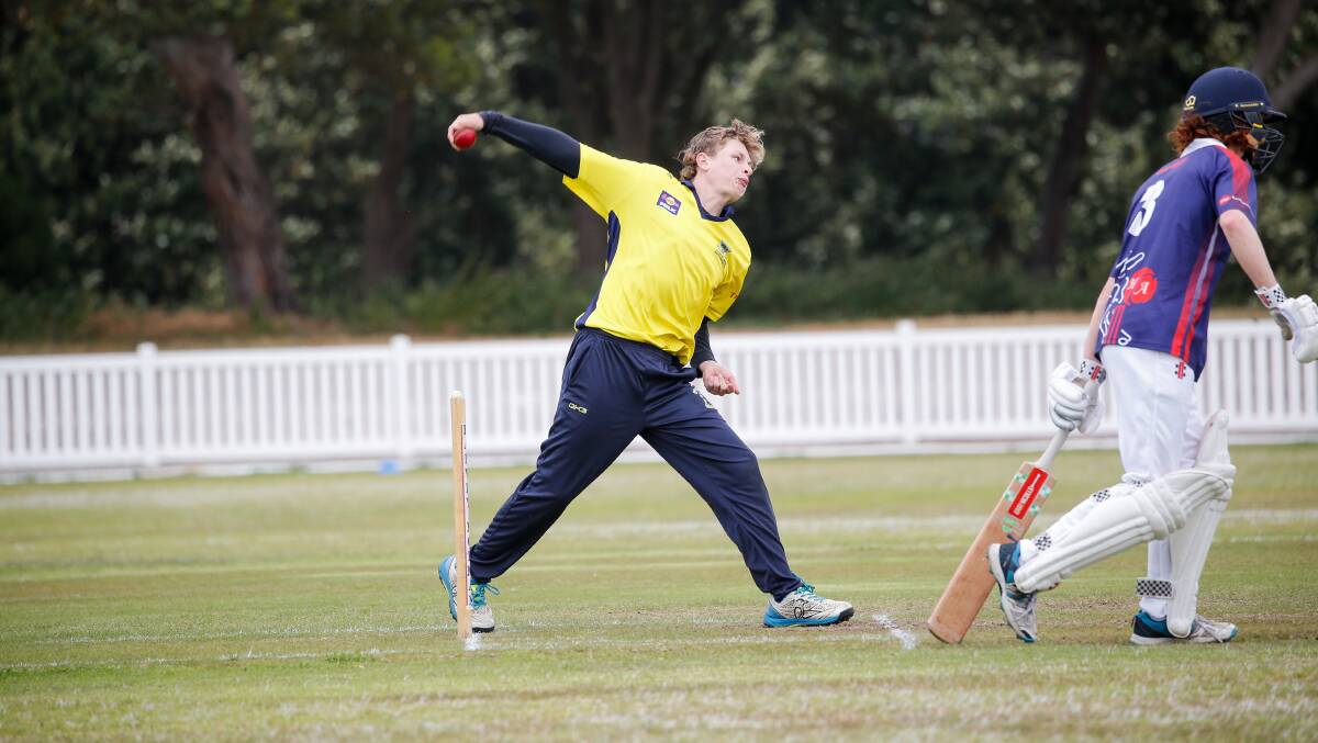 Hayden McGovern, pictured bowling for the Warrnambool junior country week team, is impressing for Northern Raiders. Picture by Anthony Brady