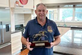 Yambuks Jim Forrest with the 2021 Lafferty Hurdle trophy won by Saunter Boy at Warrnambool. Picture supplied