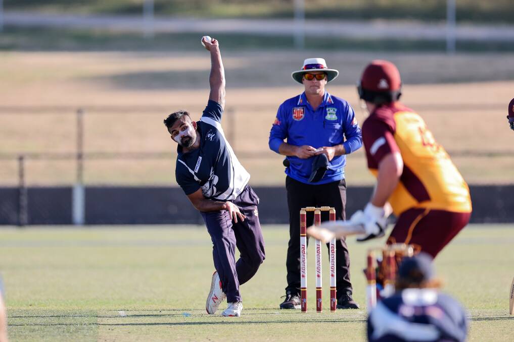 Jason Perera sends one down against Nestles at Reid Oval in January, 2023. Picture by Anthony Brady