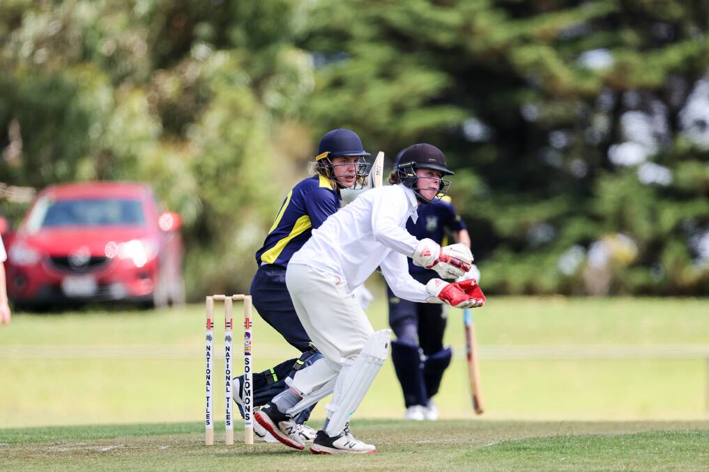 Warrnambool batsman Ryan Bellman and Colac wicket-keeper Fraser Holt watch the ball closely. Picture by Anthony Brady