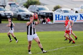 Camperdown's Luke O'Neil takes a mark against South Warrnambool in 2023. Pictures by Anthony Brady