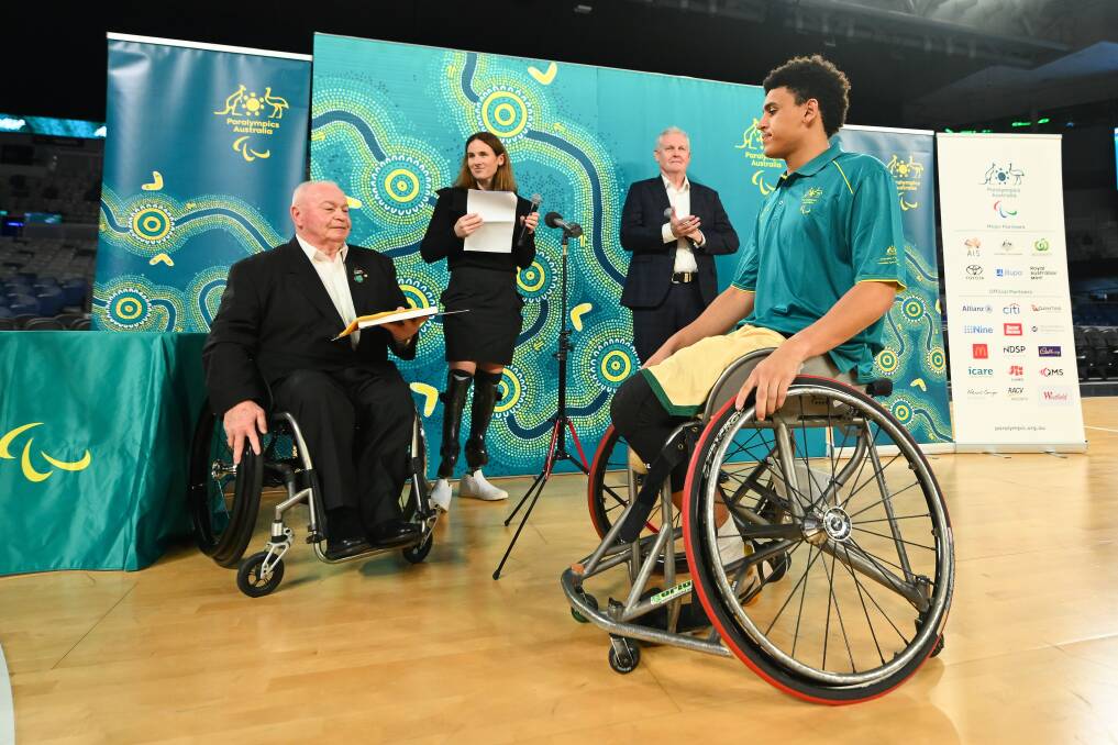 Warrnambool export Jaylen Brown is congratulated on being named in Australia's Paralympics team in Melbourne. Picture by Morgan Hancock/Basketball Australia