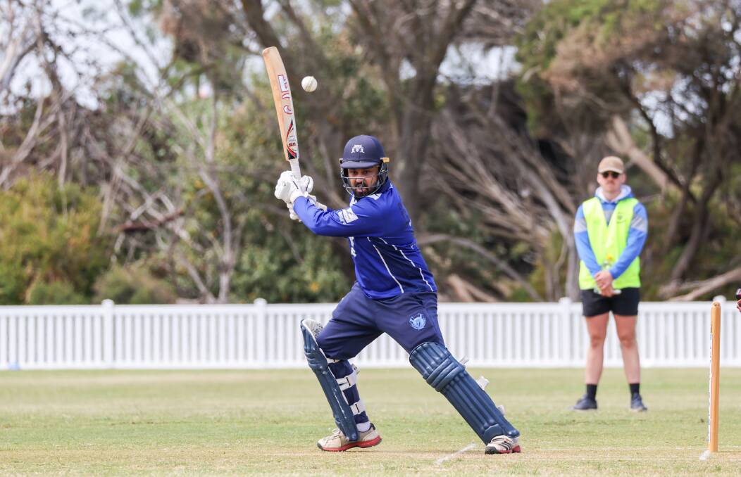 Rukshan Weerasinghe hits the ball square during his incredible century against Dennington. Picture by Eddie Guerrero