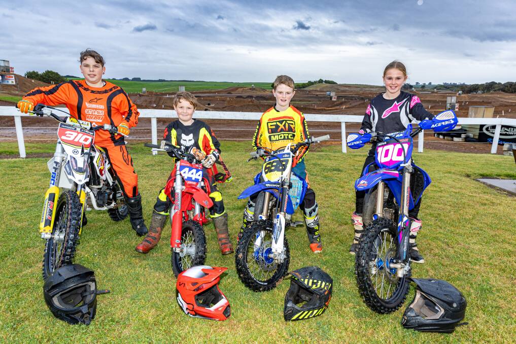 Tyrone Walters (left), Max Limburg, Chase Steel and Nova Pilkington at Shipwreck the Coast Motocross Club at Lake Gillear track. Pictures by Eddie Guerrero