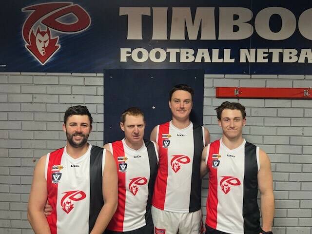 Luke Smith, Sam Newey, Kyle Delaney and Mitchell Wallace with the old Timboon Ssints jumpers which will be worn on Saturday. Picture supplied