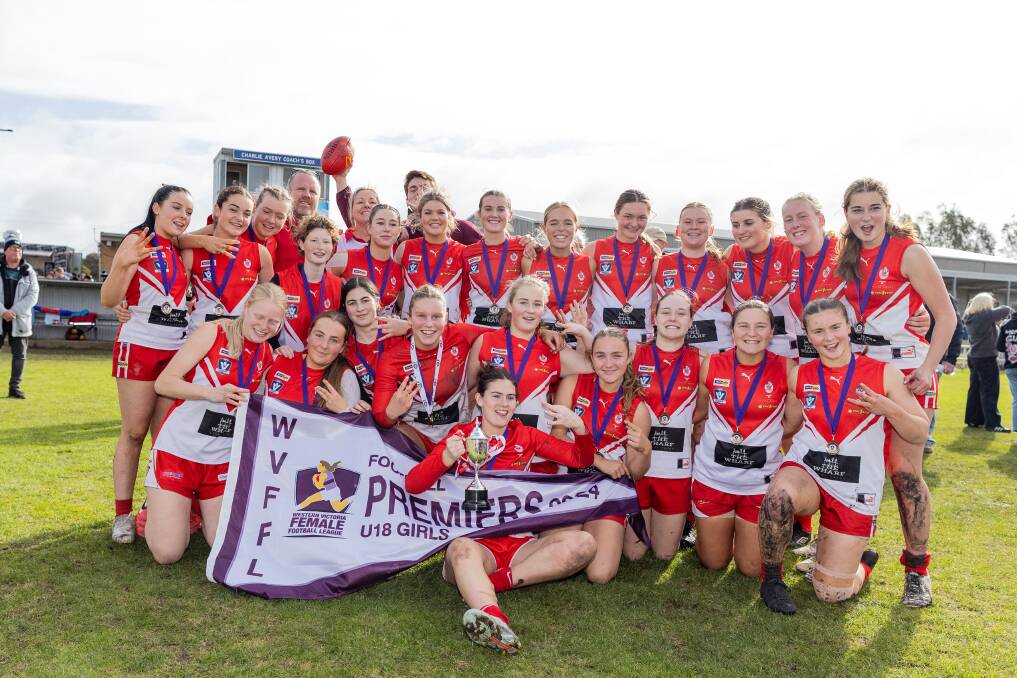 South Warrnambool celebrates winning an under 18 premiership at Mortlake on Sunday. Pictures by Anthony Brady