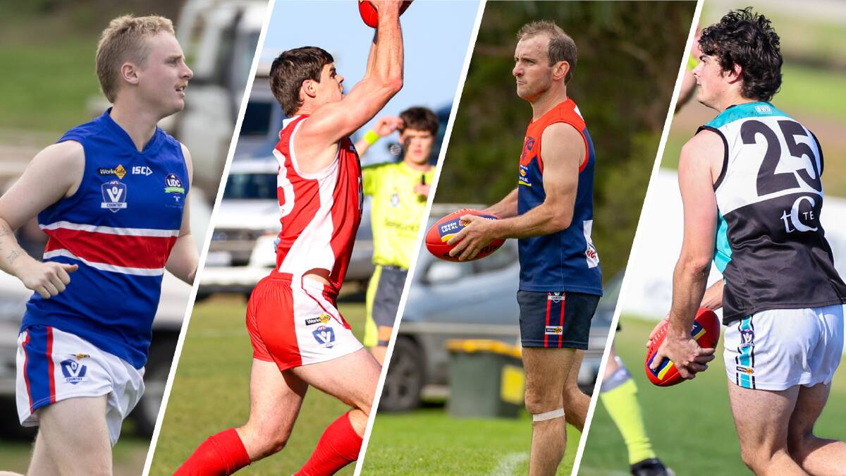 Panmure's Hugh Fleming, Dennington's Daniel Threlfall, Timboon Demons' Ash Hunt and Kolora-Noorat's Jack Carlin. Pictures by Eddie Guerrero and Anthony Brady