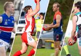 Panmure's Hugh Fleming, Dennington's Daniel Threlfall, Timboon Demons' Ash Hunt and Kolora-Noorat's Jack Carlin. Pictures by Eddie Guerrero and Anthony Brady