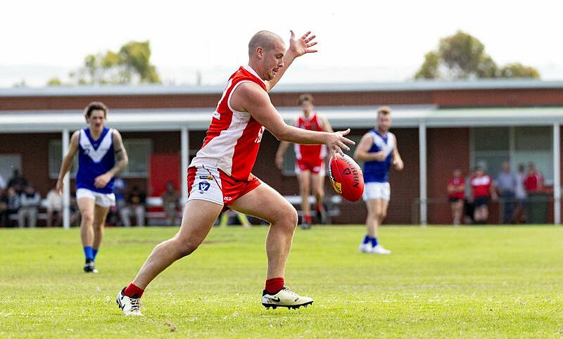 Ben Thornton, pictured against Russells Creek earlier this season, is a timely inclusion for Dennington. Picture by Anthony Brady