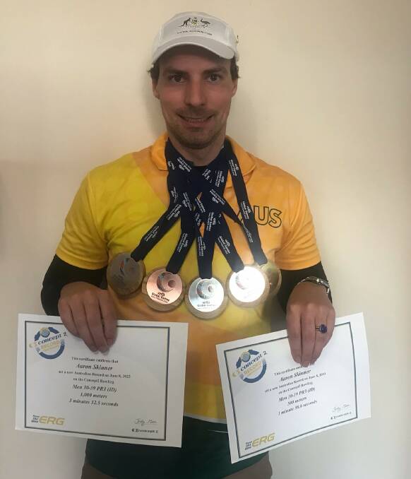 Nestles rower Aaron Skinner shows off his medal haul and national records. Picture supplied
