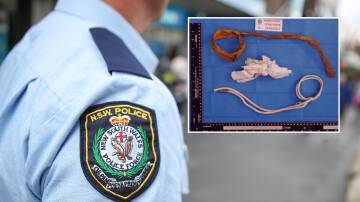 A NSW Police officer (main image) and items seized from the crime scene in Eastwood after the 36-year-old woman was found. Picture supplied/Adam McLean