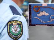 A NSW Police officer (main image) and items seized from the crime scene in Eastwood after the 36-year-old woman was found. Picture supplied/Adam McLean