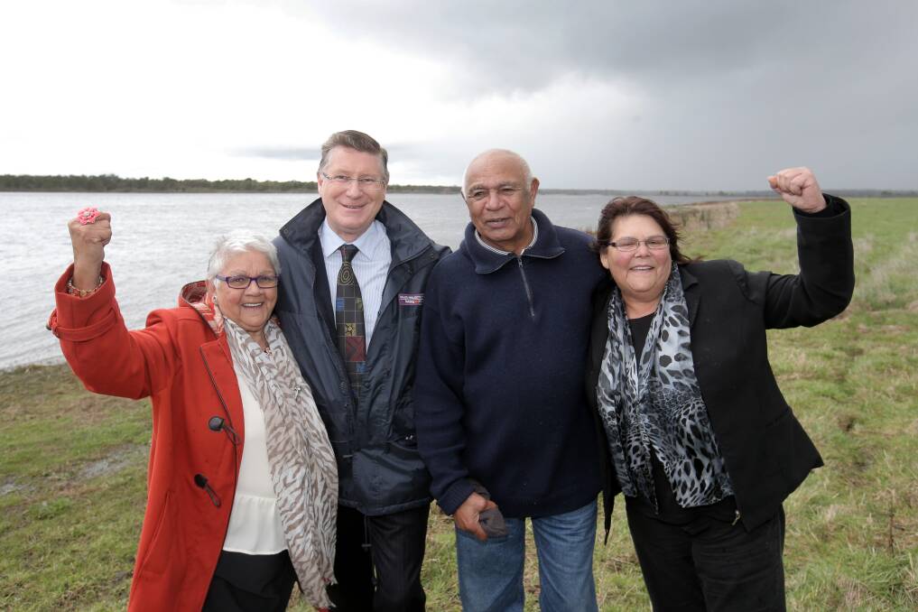 Aunty Dr Laura Bell, former Victorian Premier Denis Napthine, Uncle Ken Saunders and Aunty Ilene Alberts campaign for Lake Condah's World Heritage Listing in 2014.